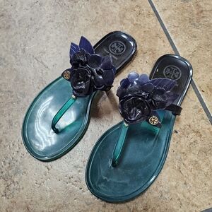 TORY BURCH Gorgeous Dark Blue & Green Ombre Floral Jelly Sandals